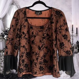 Algo Black Floral Flocked Sheer Bell Sleeve Blouse Peach Lined Romantic Top Med
